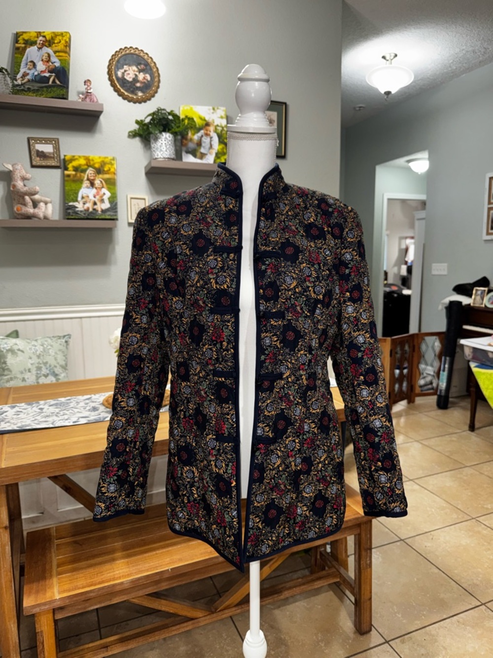 Woven Floral Quilted Jacket - Navy with Multicolor Floral